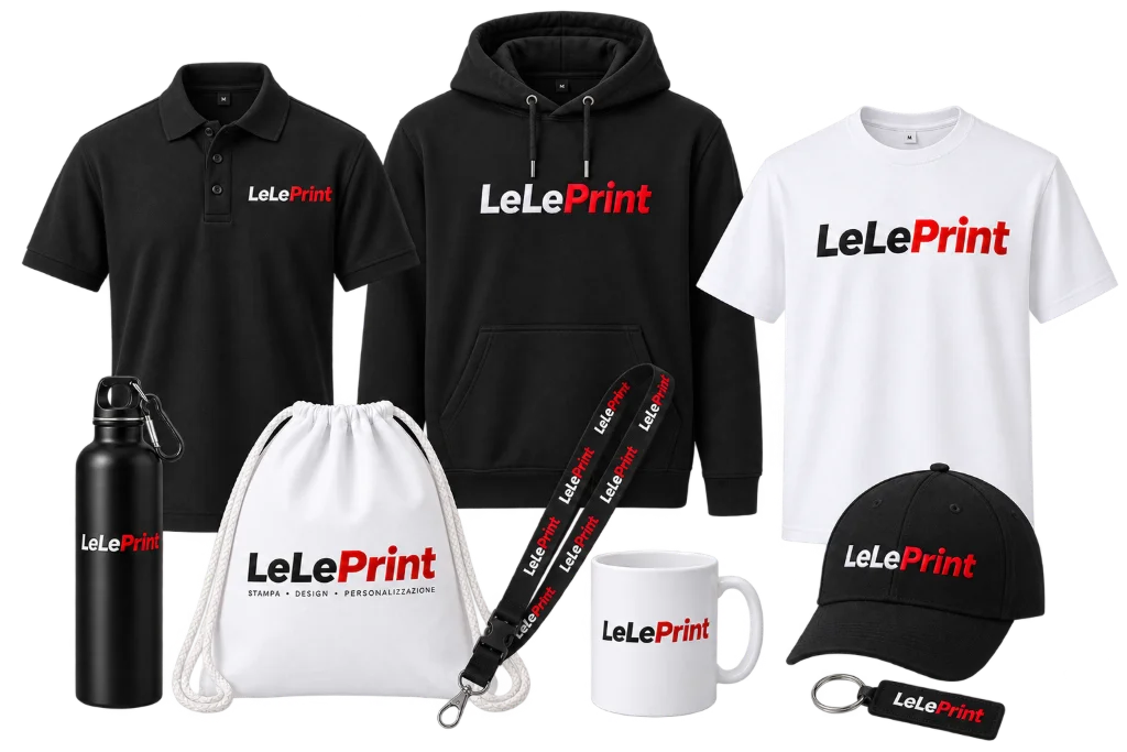 Polo, felpa, t-shirt, borraccia, sacca, lanyard, tazza, cappellino e portachiavi personalizzati con il logo LeLePrint